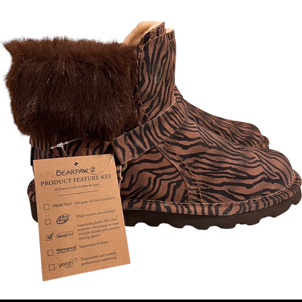 Bearpaw Ankle Boots Women 8 Brown Zebra Print Faux Fur NeverWet Buckle Strap New